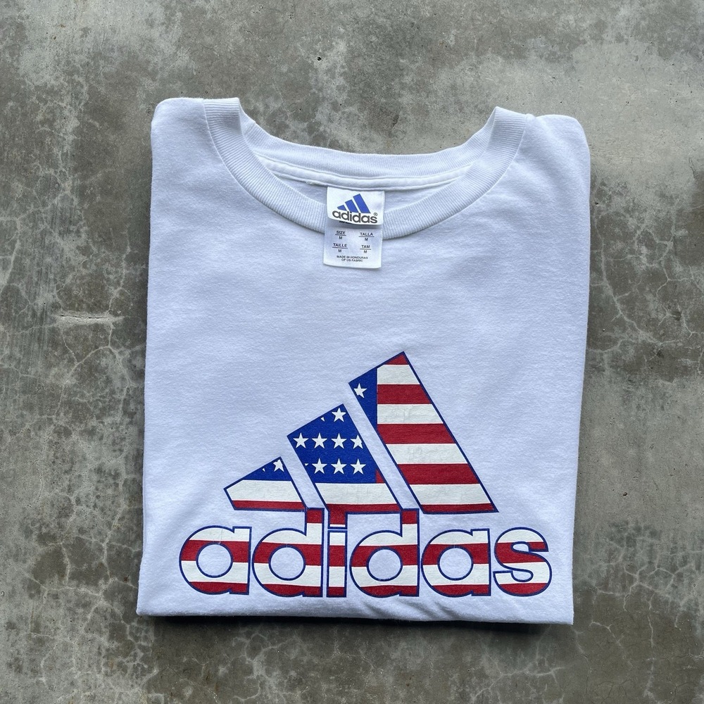 Vintage 90's Adidas Big Logo American Flag White Graphic Shirt Medium
